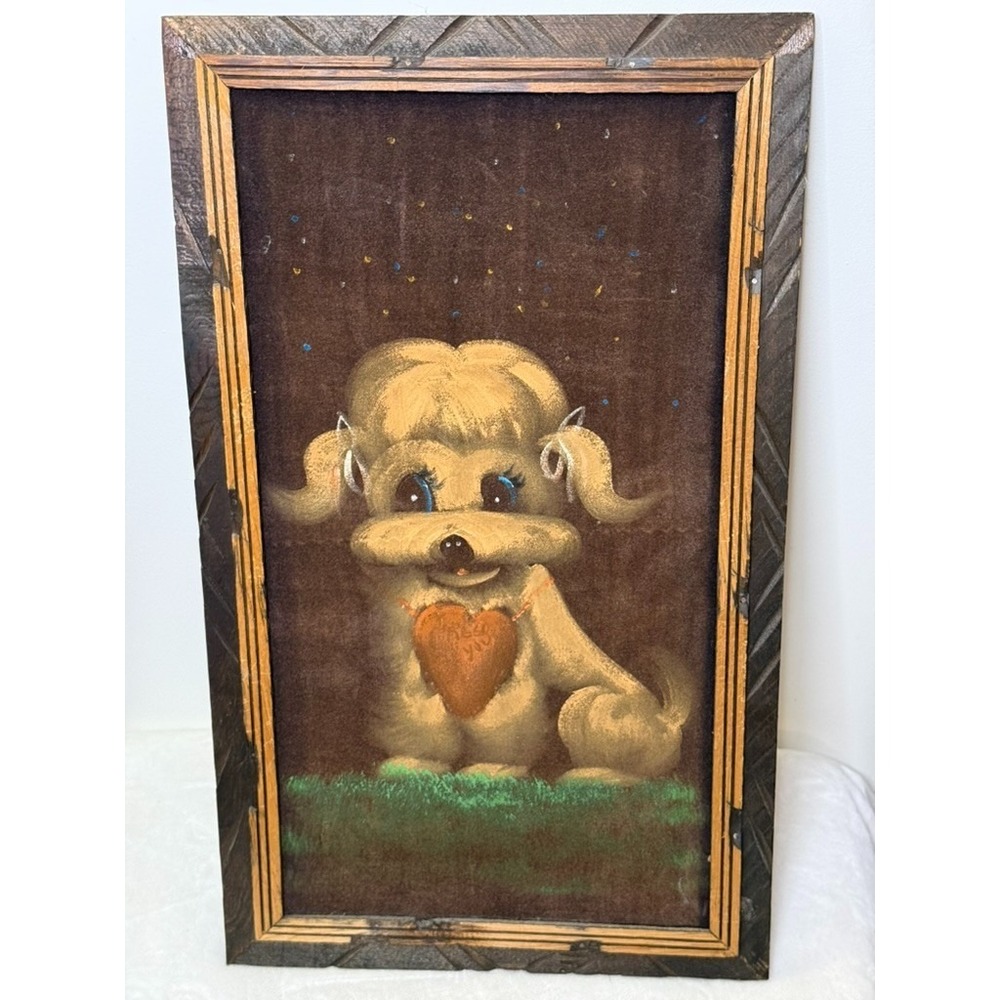1960s Vintage Original Dog Painting on Black Velvet Frame Kitchy Retro Kids Room